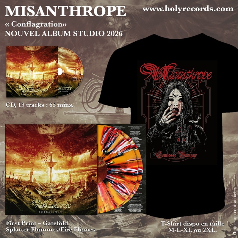 MISANTHROPE – BUNDLE Comtesse Vampyr - Conflagration CD Embrasement 2LPs Gatefold Couleur Splatter Flammes - Fire Flames limité à 65 ex. + Paroles/Lyrics Insert + T-Shirt + CD + Digital Bonus
